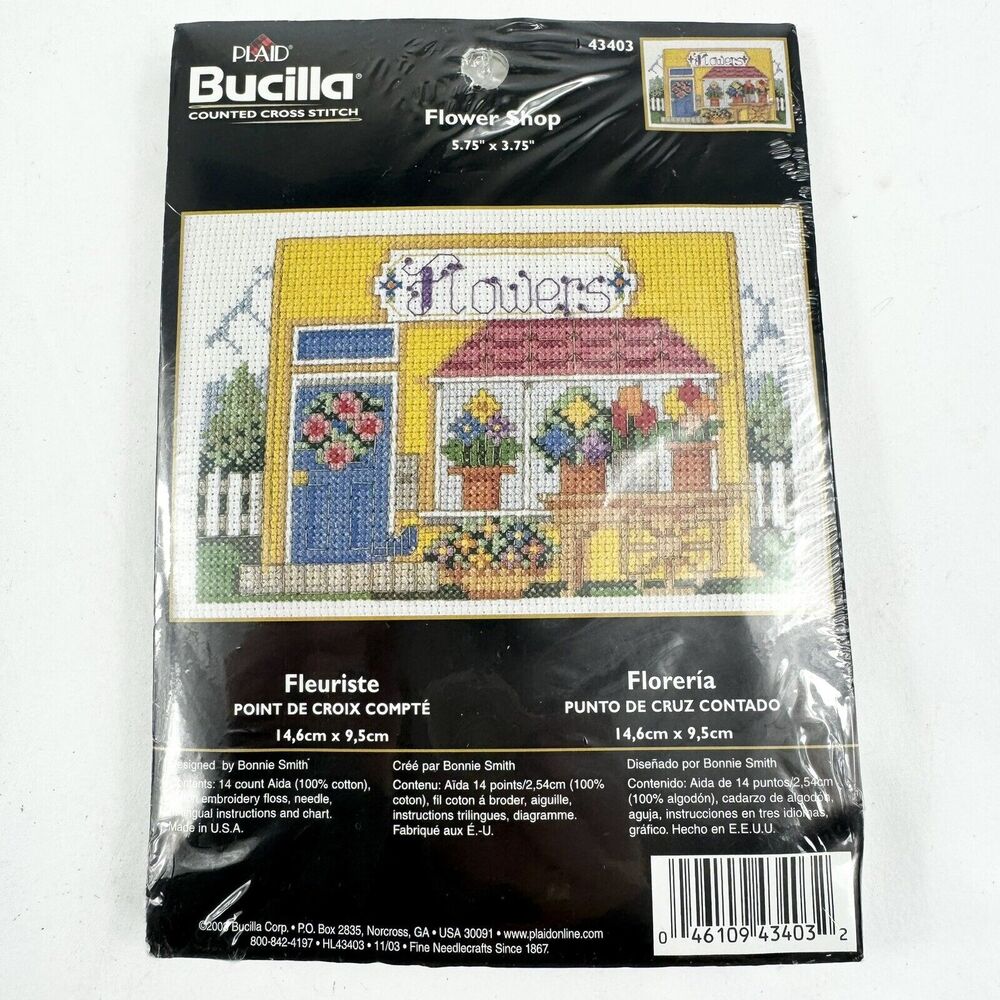 Bucilla Cross Stitch Kit Flower Shop VTG #43403 Flowers Storefront Cottage Folk